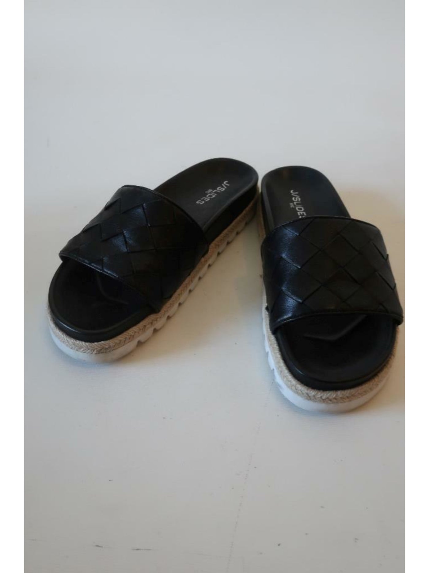J SLIDES Womens Black Espadrille-Inspired Braiding Woven Padded Rollie Round Toe Slip On Leather Slide Sandals Shoes 10 M