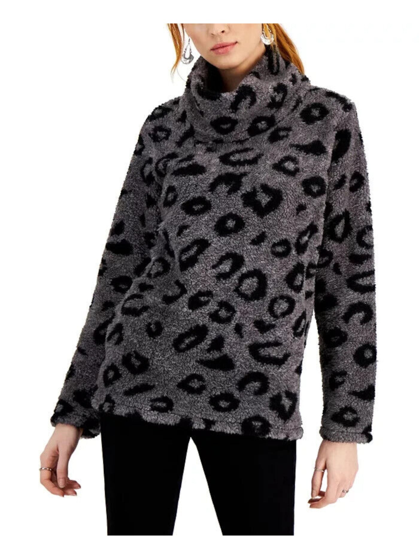 STYLE & COMPANY Womens Gray Unlined Pullover Animal Print Long Sleeve Cowl Neck Sweater Petites PS