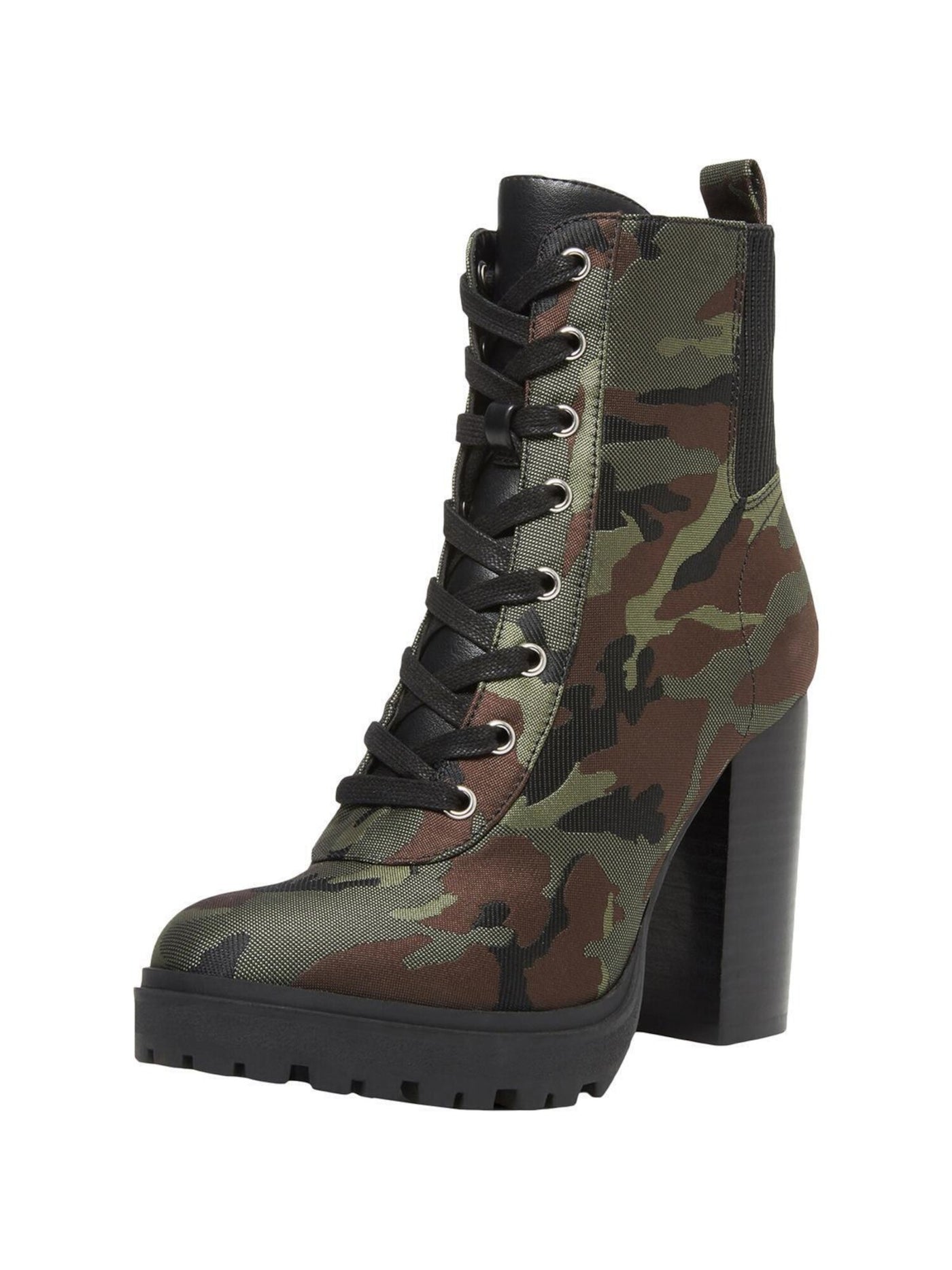 STEVE MADDEN Womens Green Camouflage Heel Pull-Tab Goring Padded Latch Almond Toe Zip-Up Combat Boots 6.5 M