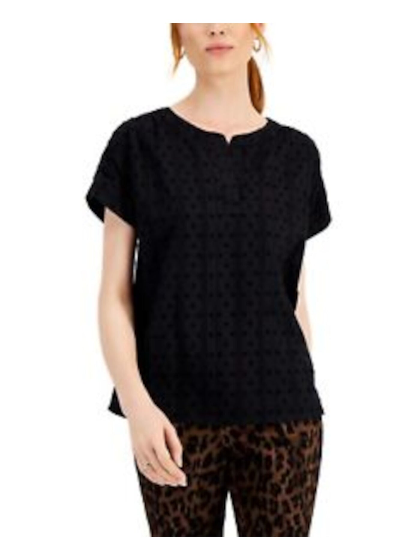 STYLE & COMPANY Womens Black Cotton Blend Textured Rolled Cuff Pleated Back Yoke Short Sleeve Split Top M