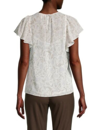 REBECCA TAYLOR Womens White Metallic Sheer Lined Floral Flutter Sleeve Keyhole Top 00