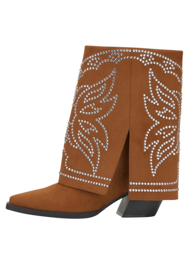 INC Womens Brown Western Rhinestone Fold Over Cuff Padded Jadiza Pointed Toe Flare Zip-Up Western Boot 8.5 M
