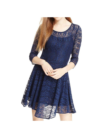 FISHBOWL Womens Navy Lace Long Sleeve Jewel Neck Mini Fit + Flare Dress 2XS