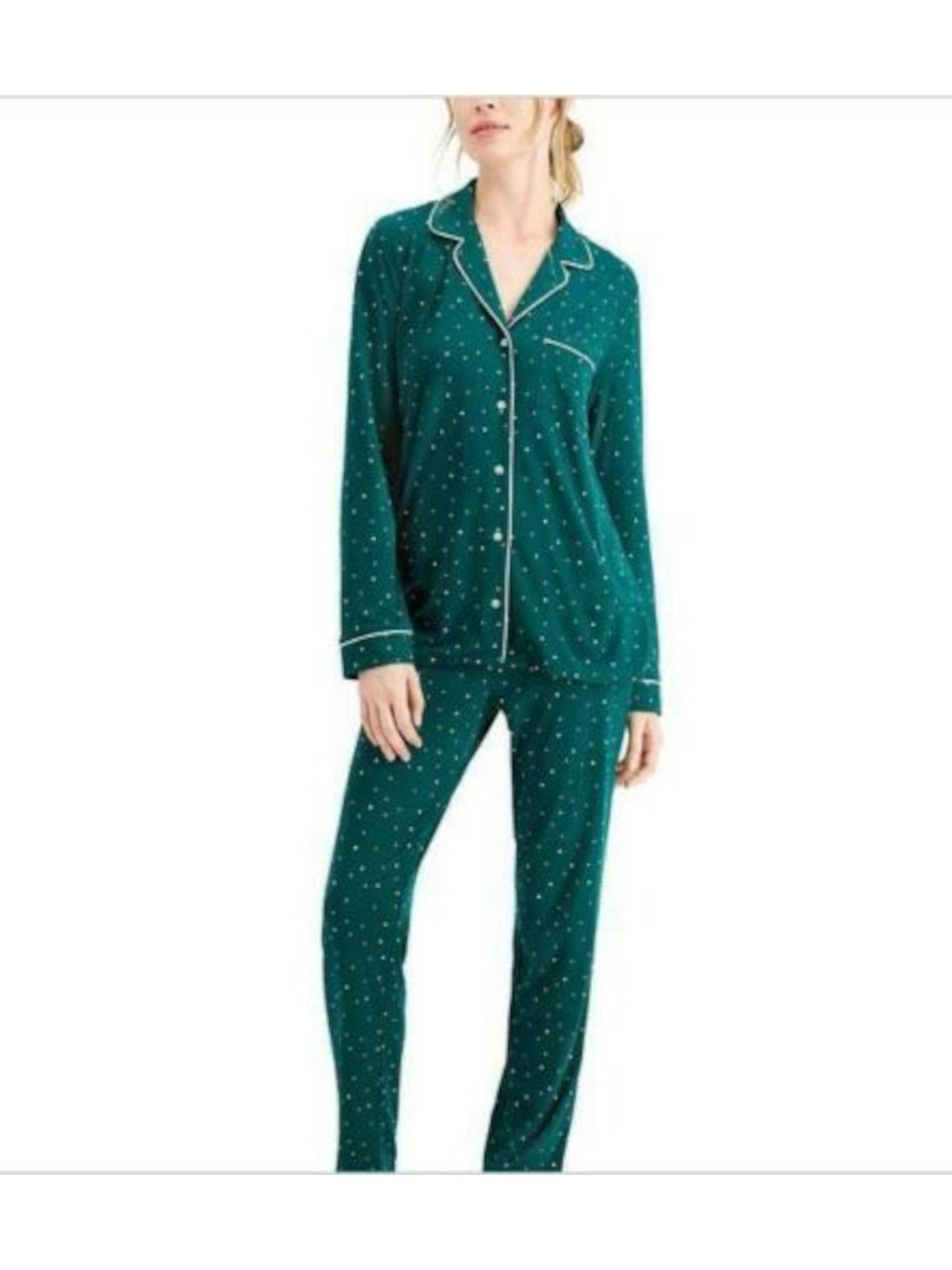 ALFANI INTIMATES Intimates Green Chest Pocket Notch Collar Piping Trim Polka Dot Sleep Shirt Pajama Top M