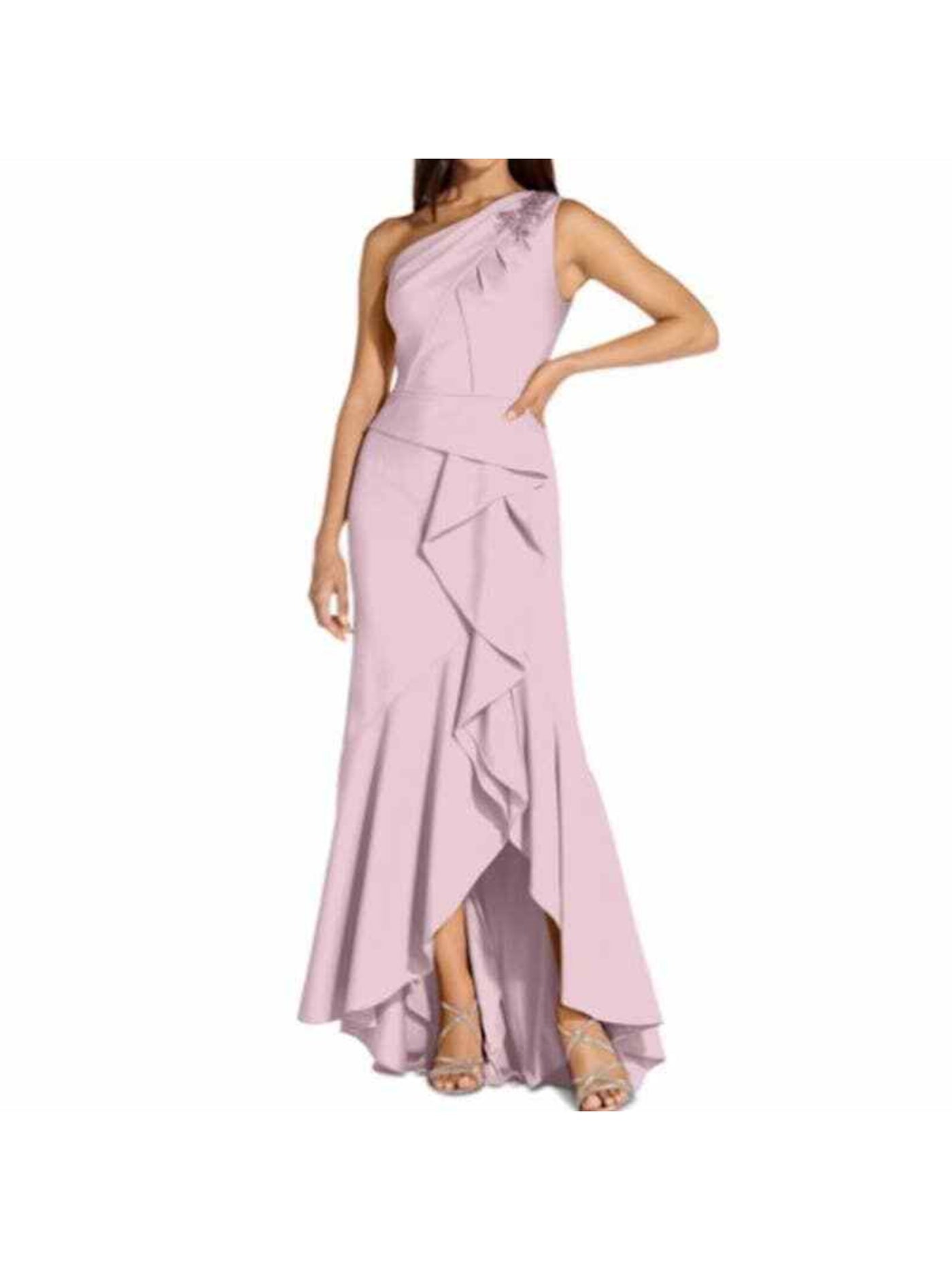 ADRIANNA PAPELL Womens Pink Stretch Beaded Zippered Pleated Ruffled Lined Sleeveless Asymmetrical Neckline Full-Length Evening Gown Dress 2