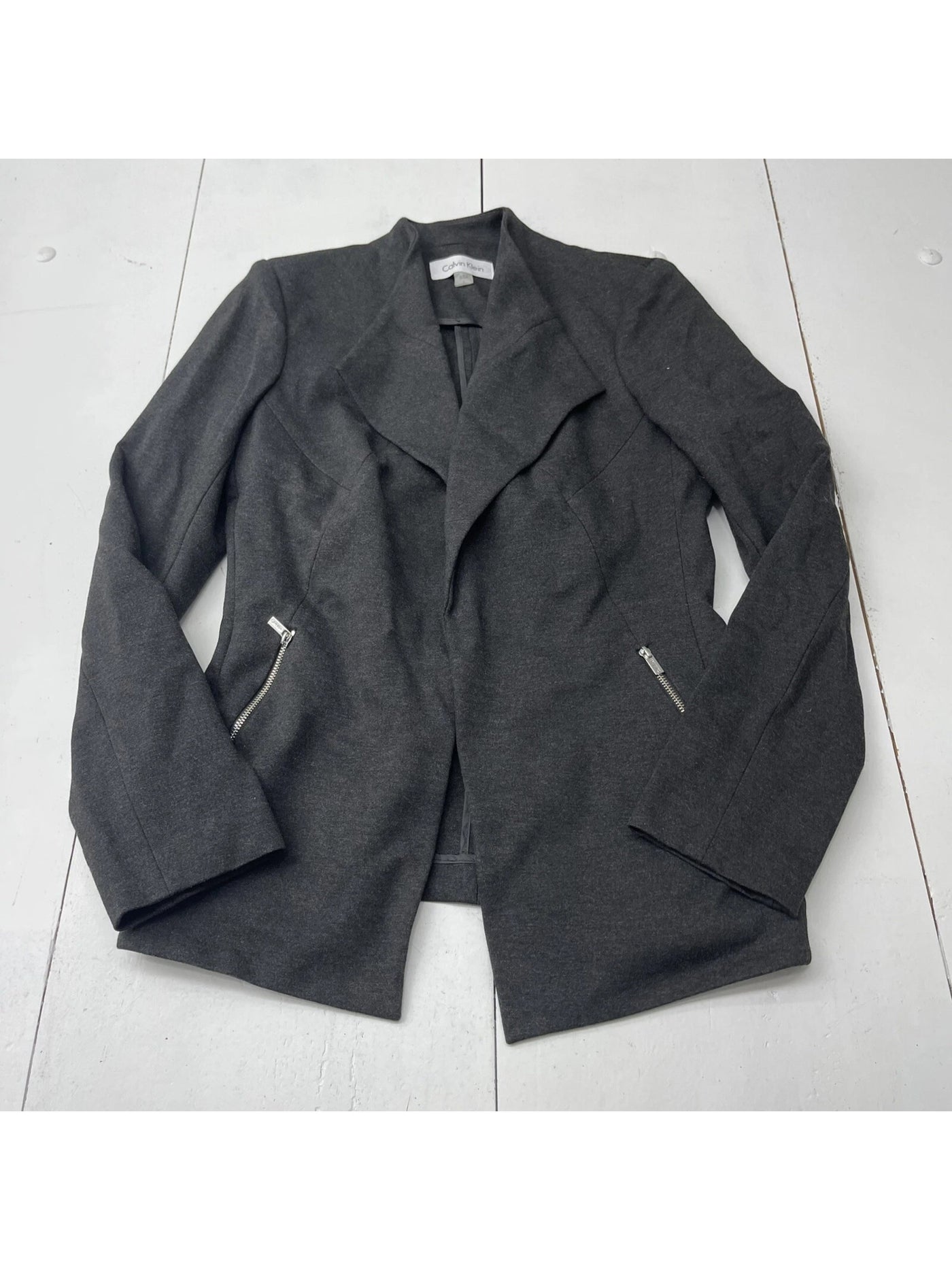 CALVIN KLEIN Womens Gray Pocketed Open Front Shoulder Pads Heather Wear To Work Blazer Jacket 0