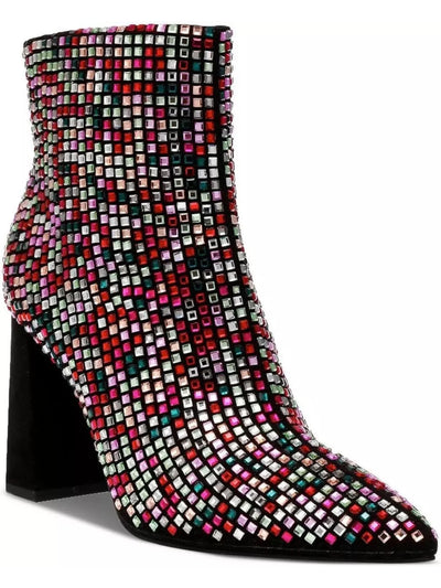WILD PAIR Womens Black Geometric Rhinestone Padded Ingridd Pointed Toe Block Heel Zip-Up Dress Booties 7.5 M