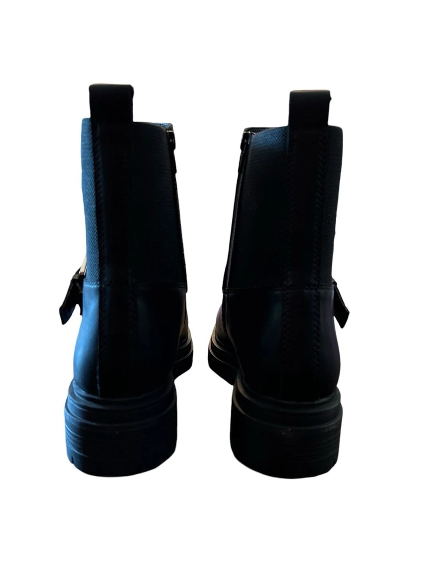 AQUA COLLEGE Womens Black 1" Platform Goring Buckle Ankle Strap Back Pull-Tab Zipper Accent Waterproof Grant Round Toe Block Heel Zip-Up Moto 8 M