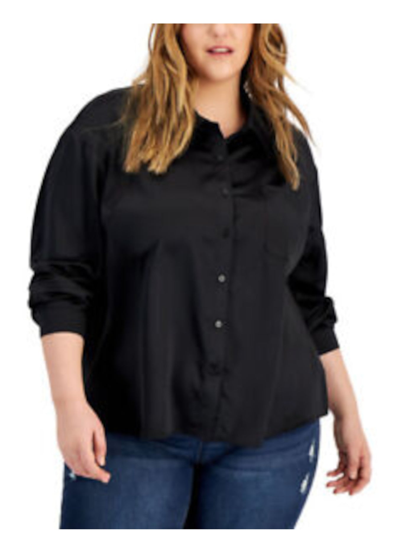 LOVE FIRE Womens Black Pocketed Cuffed Sleeve Point Collar Wear To Work Button Up Top Plus 1X