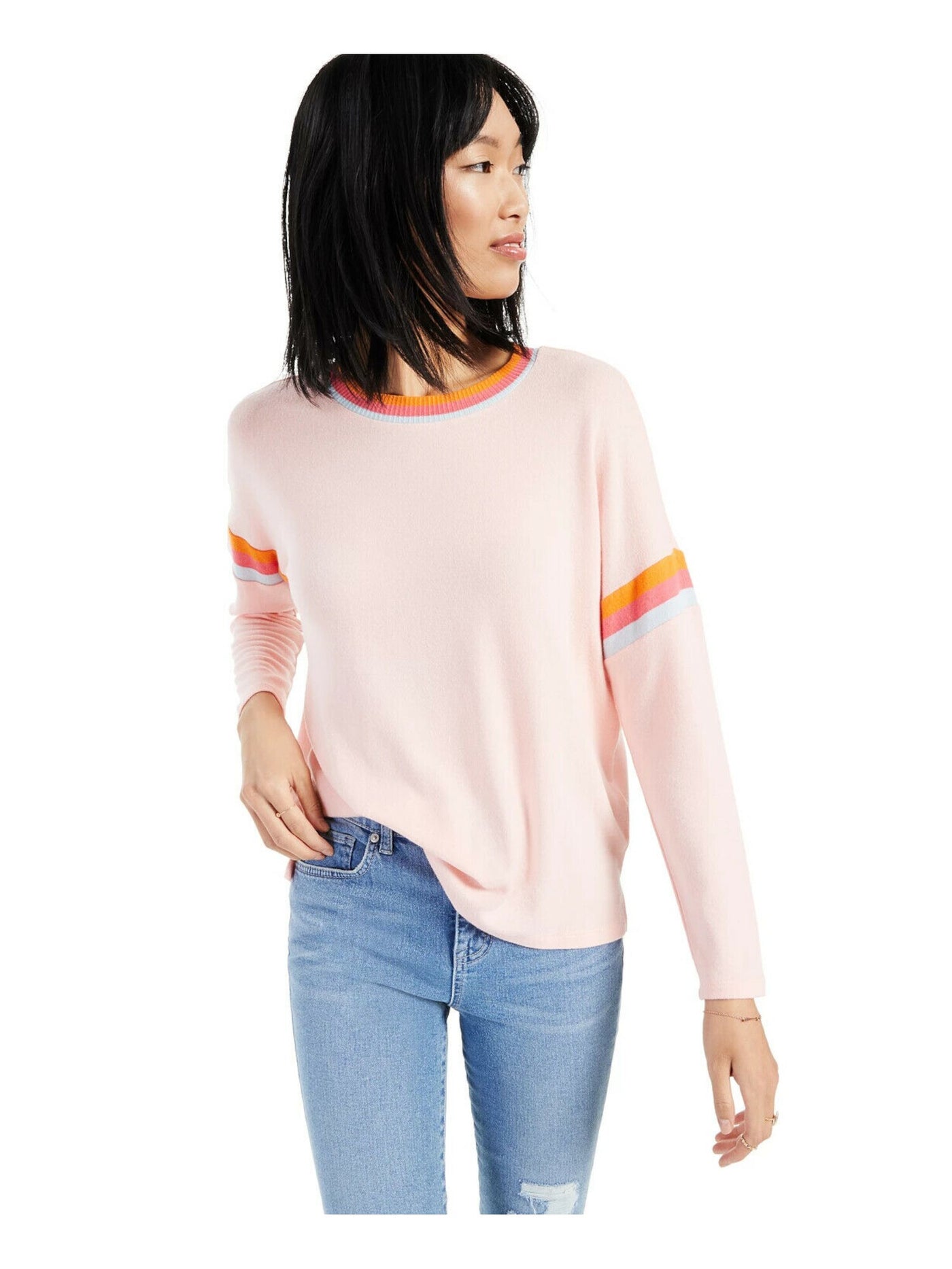 STYLE & COMPANY Womens Pink Color Block Long Sleeve Crew Neck Top Plus Size: 0X