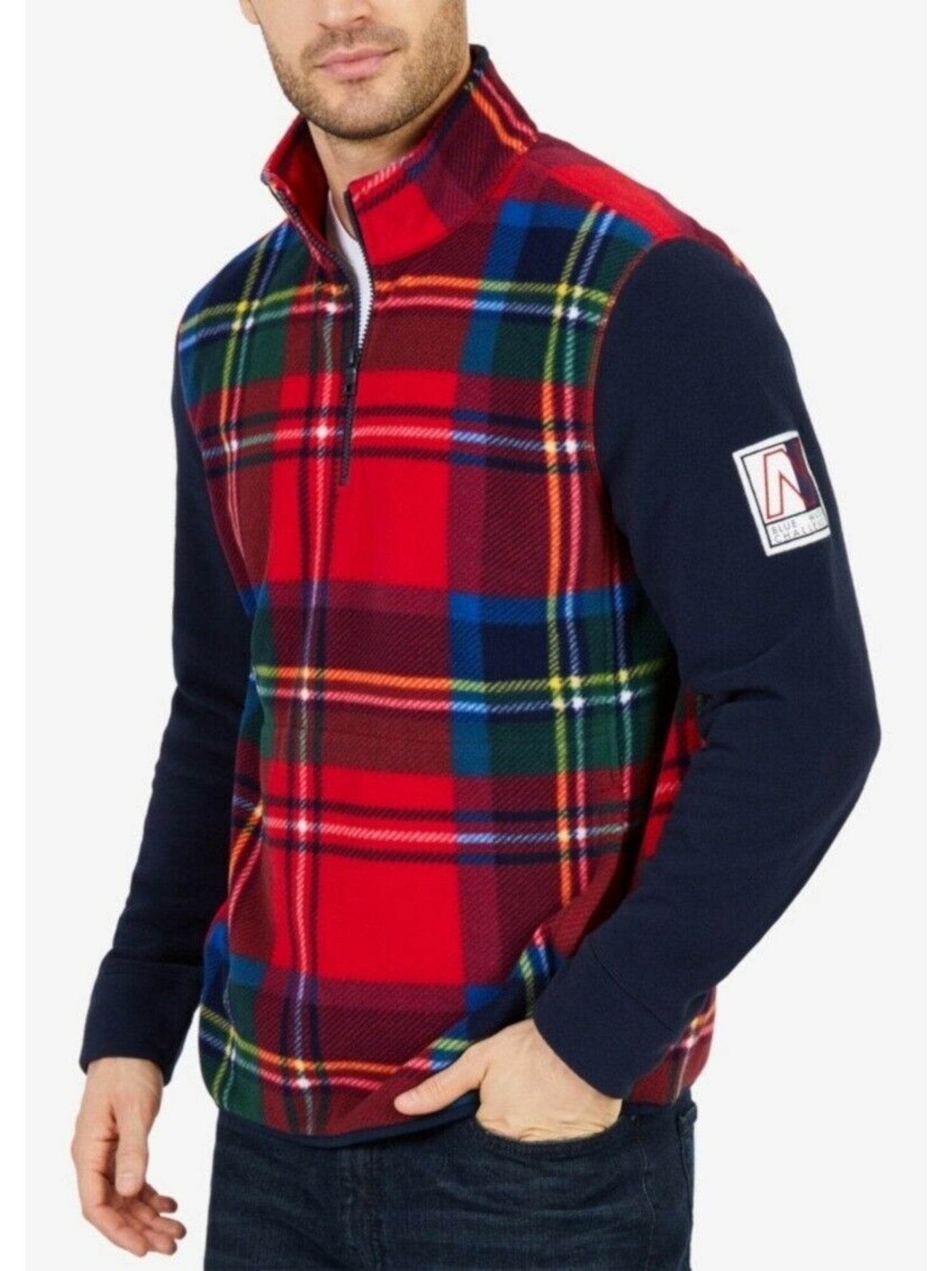 NAUTICA Mens Red Plaid Fleece Pullover Sweater M