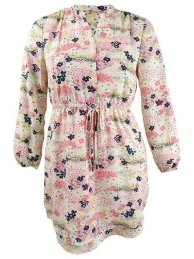 MAISON JULES Womens Pink Drawstring Floral Long Sleeve V Neck Short Shirt Dress M