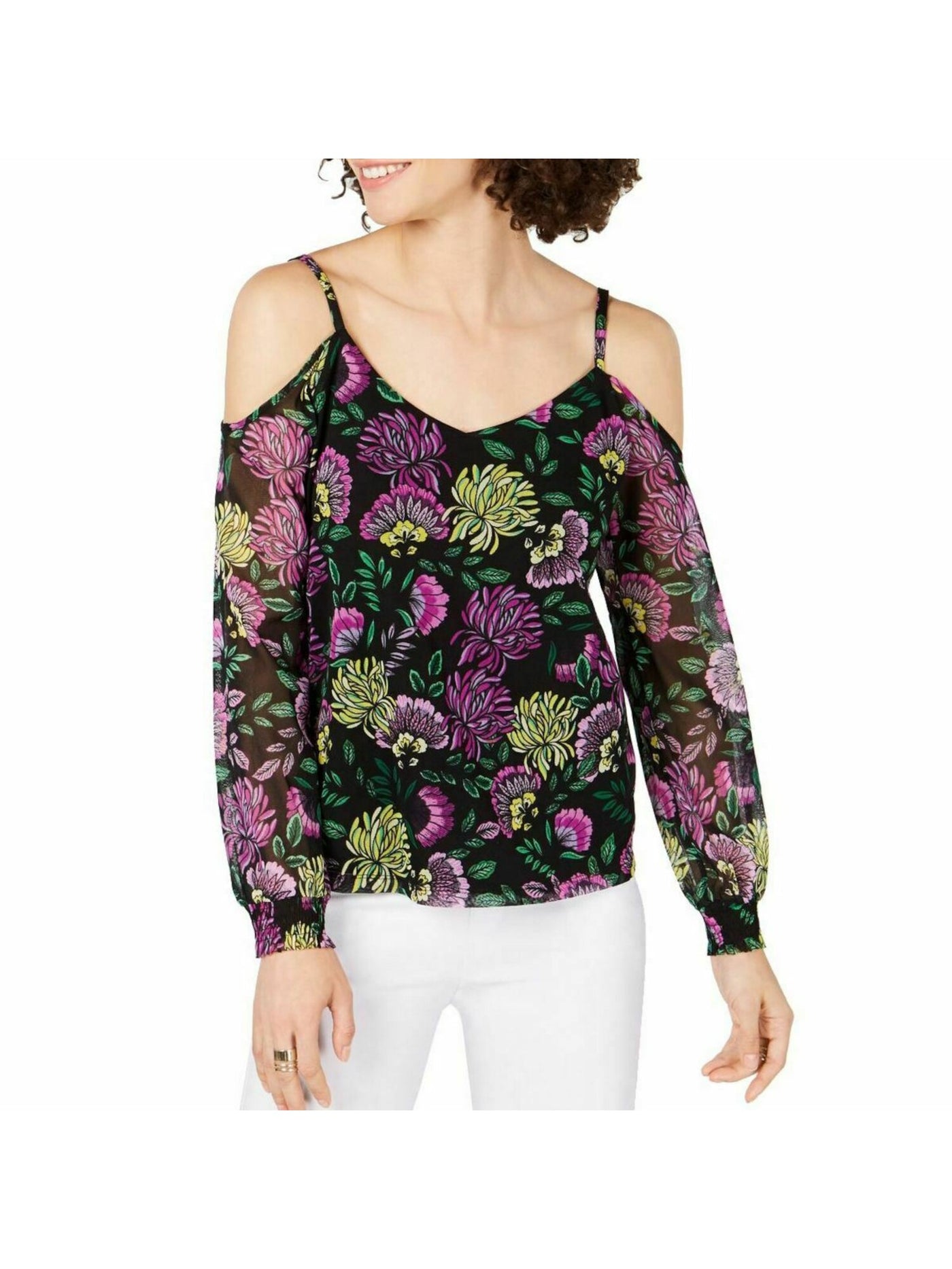 INC Womens Black Shoulder Floral Smocked V Neck Evening Blouse Petites PS