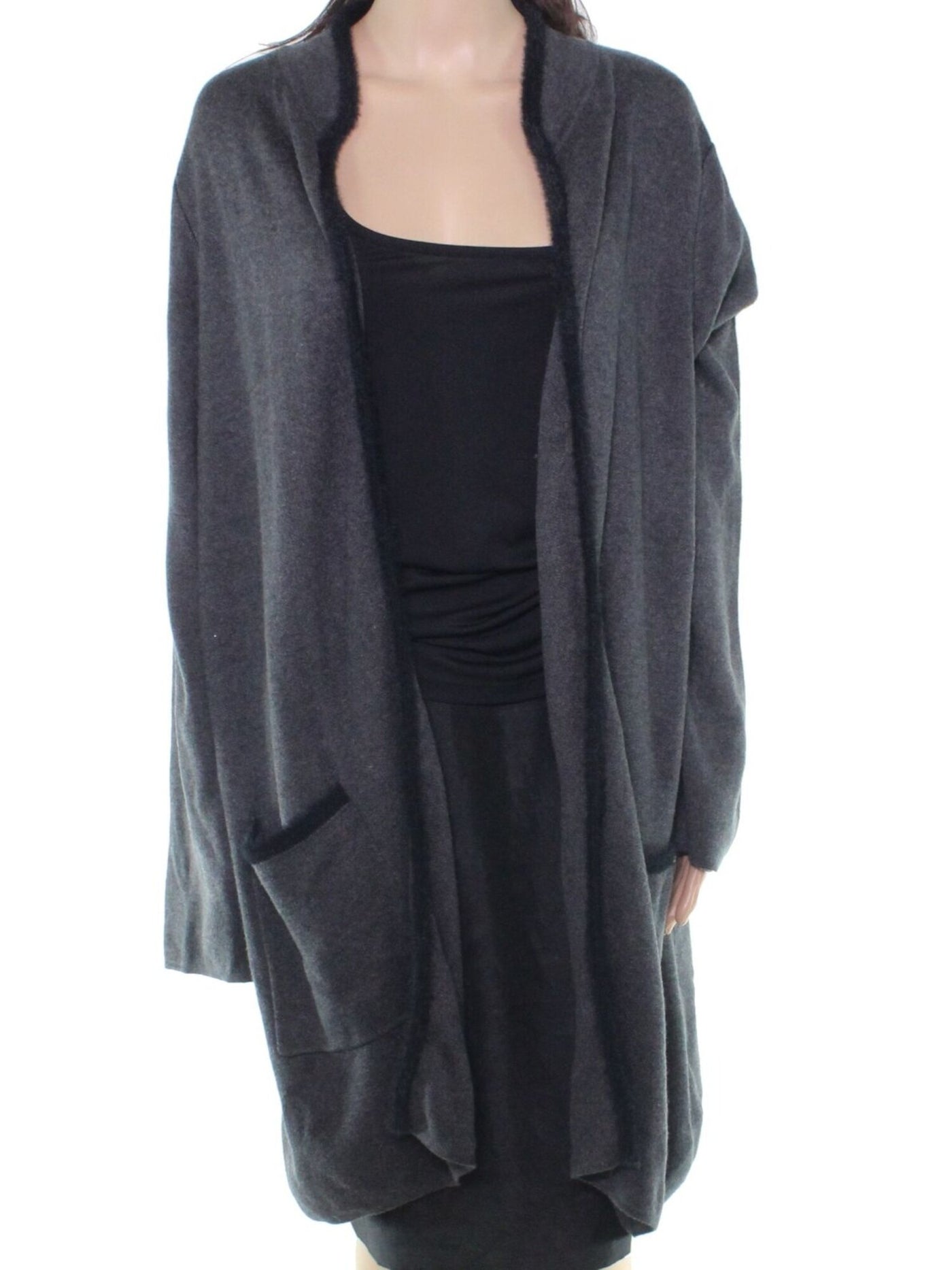 ALFANI Womens Gray Pocketed Eyelash Trim Long Sleeve Open Cardigan Sweater S