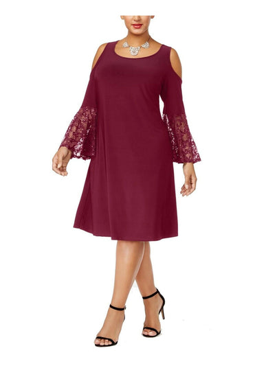 R&M RICHARDS Womens Burgundy Lace Cold Shoulder Bell Sleeve Scoop Neck Knee Length Fit + Flare Dress Plus 20W