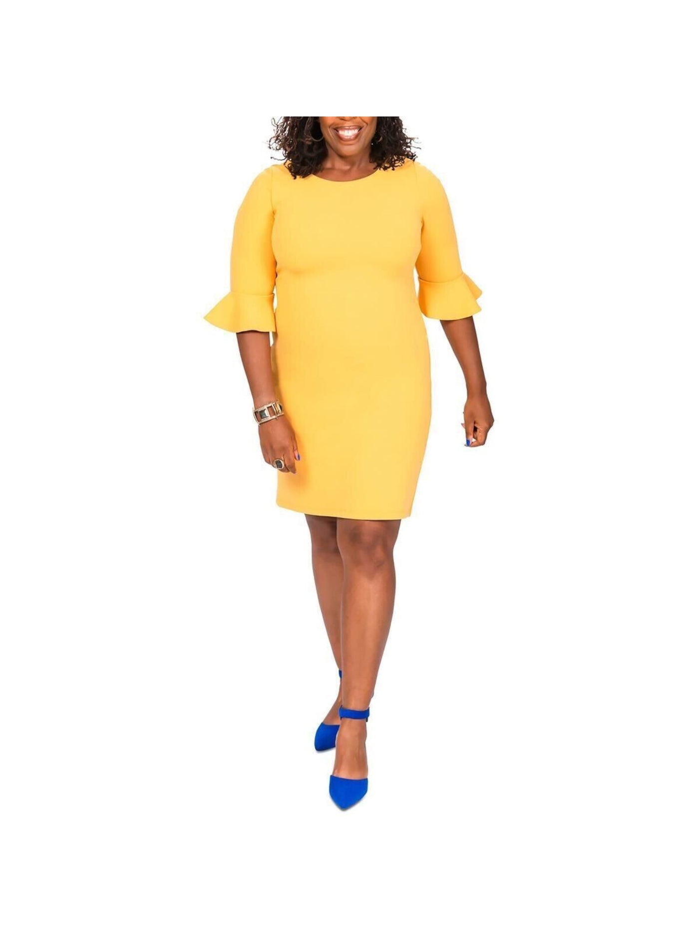KASPER Womens Yellow Zippered Lined Darted Bell Sleeve Round Neck Above The Knee Wear To Work Sheath Dress 6