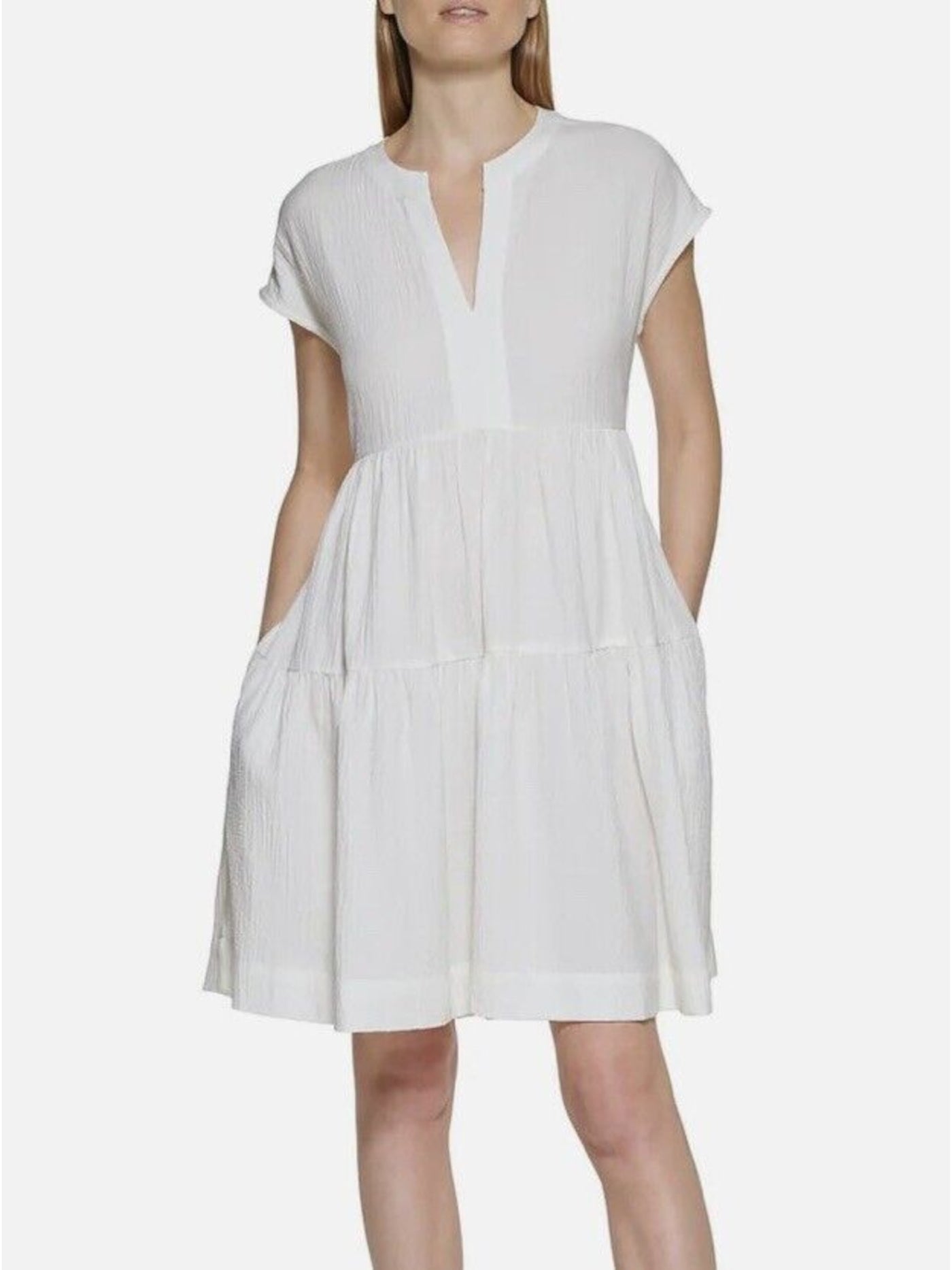 CALVIN KLEIN Womens White Smocked Unlined Pullover Tie Gathered Tiered Cap Sleeve Split Above The Knee Fit + Flare Dress 4