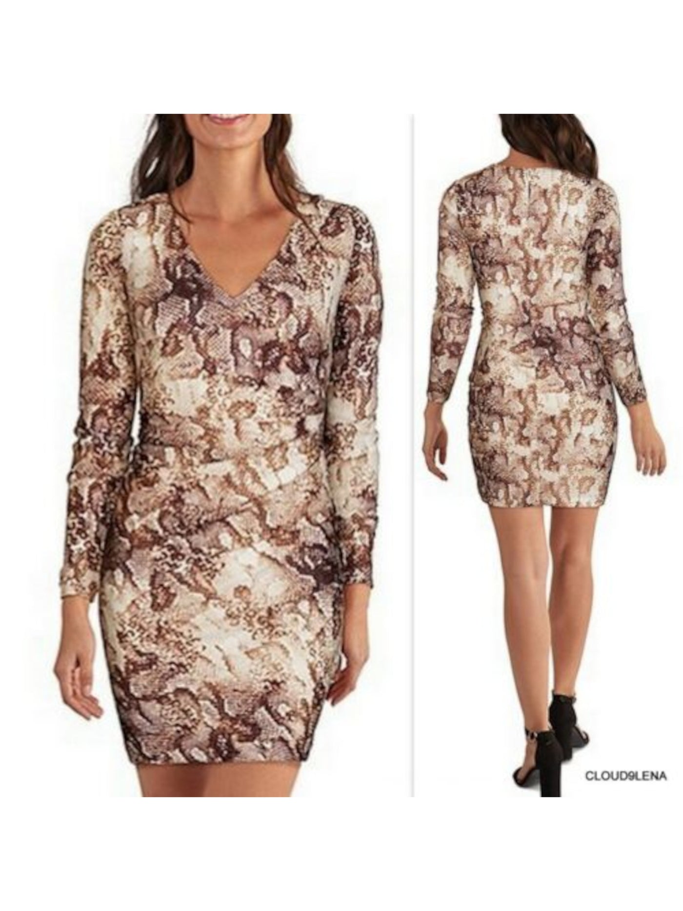 GUESS Womens Beige Stretch Zippered Darted Side-pleated Sheer Lined Animal Print Long Sleeve V Neck Above The Knee Cocktail Sheath Dress 0