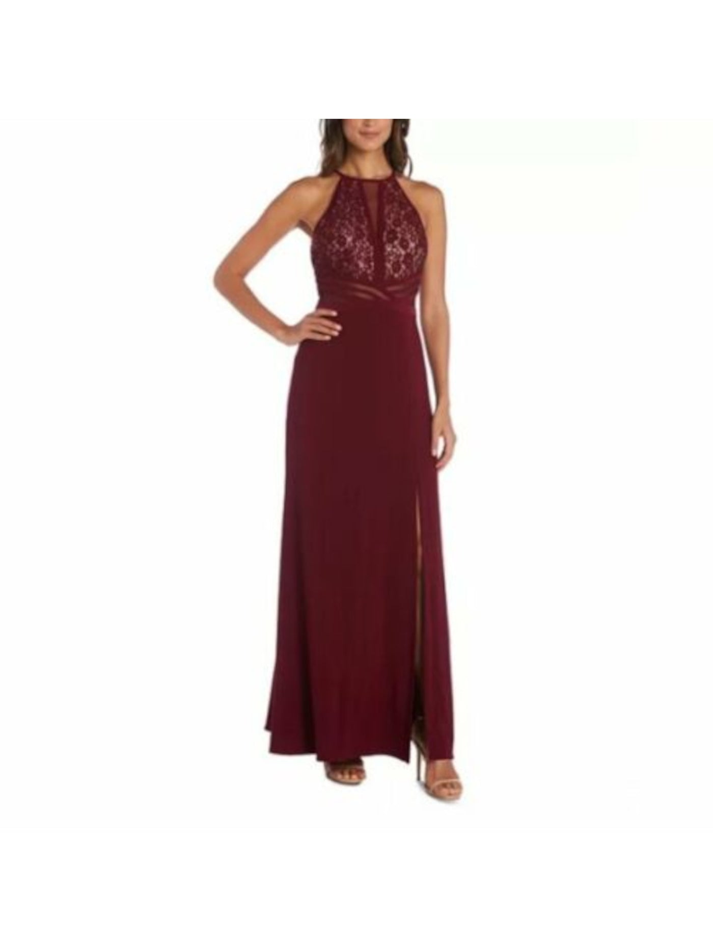 MORGAN & CO Womens Burgundy Glitter Slitted Mesh Sleeveless Halter Full-Length Formal Pleated Dress Juniors 3