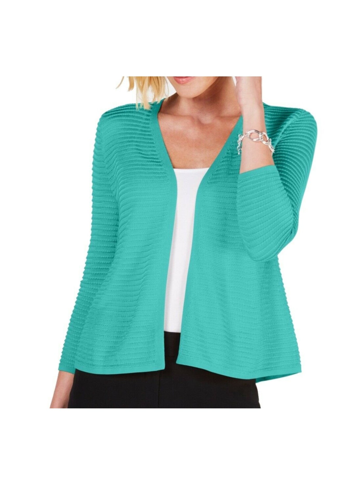 ALFANI Womens Aqua 3/4 Sleeve Open Cardigan Top M