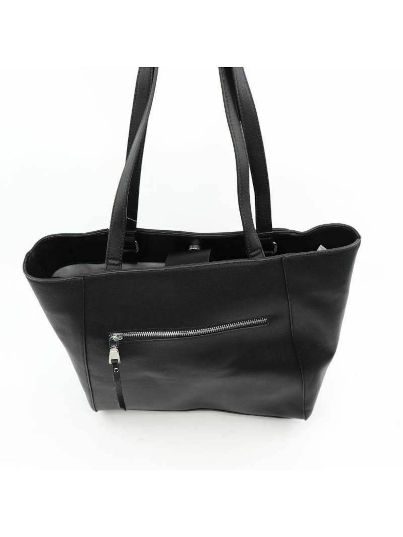 INC Women's Black Leather Woven Double Flat Strap Tote Handbag Purse