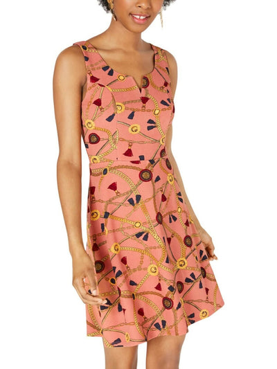 PLANET GOLD Womens Coral Printed Sleeveless Scoop Neck Above The Knee A-Line Dress Juniors XXS