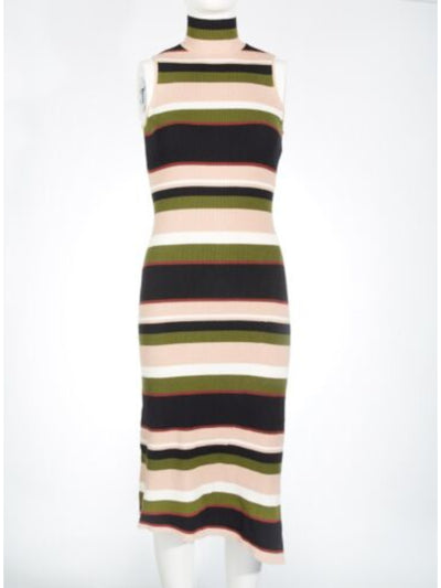 RACHEL RACHEL ROY Womens Beige Knit Ribbed Zippered Asymmetrical Hem Slitted Striped Sleeveless Mock Neck Midi Sweater Dress XS