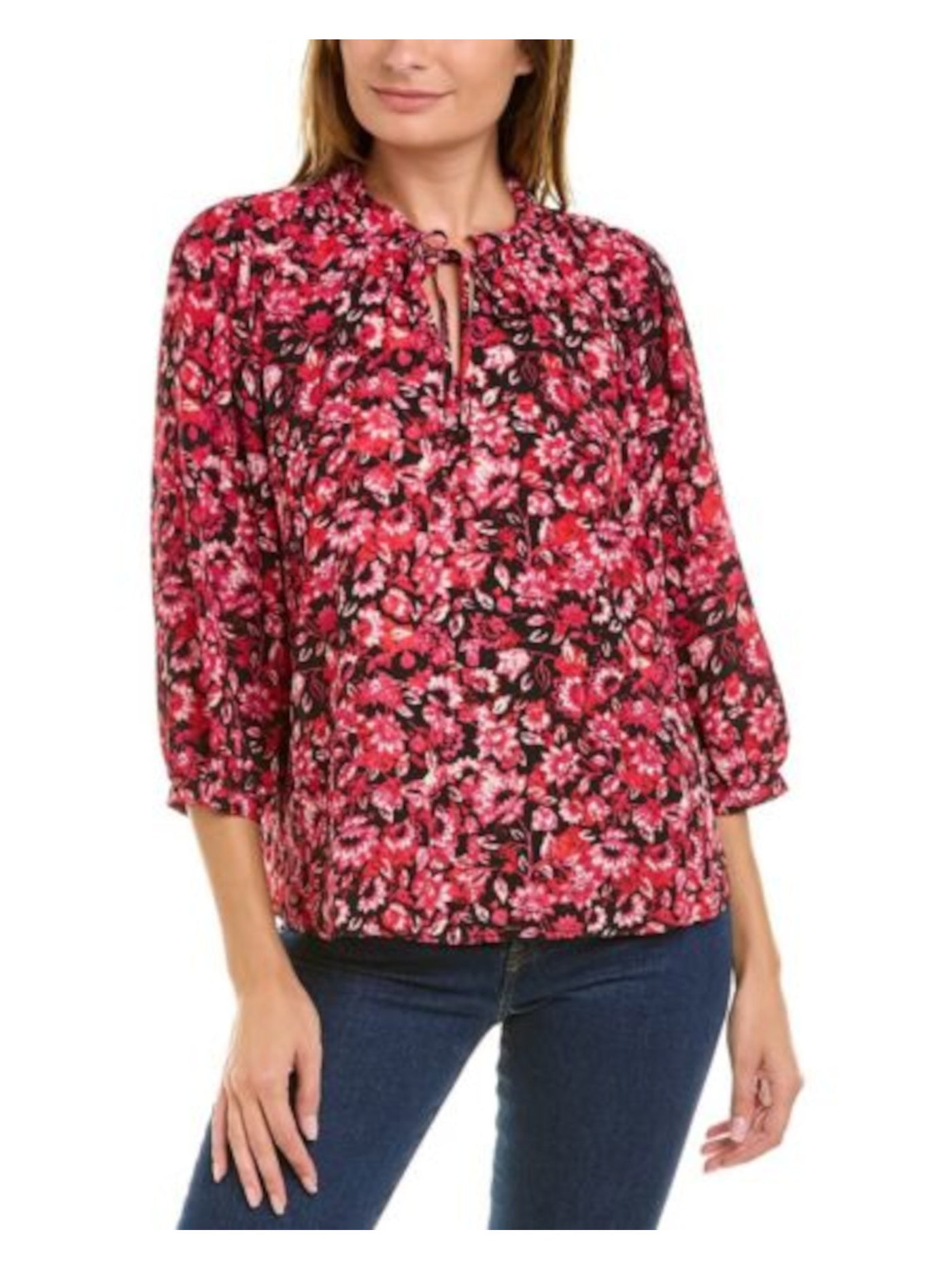 VINCE CAMUTO Womens Black Tie Slitted Unlined Floral Blouson Sleeve Split Top XS