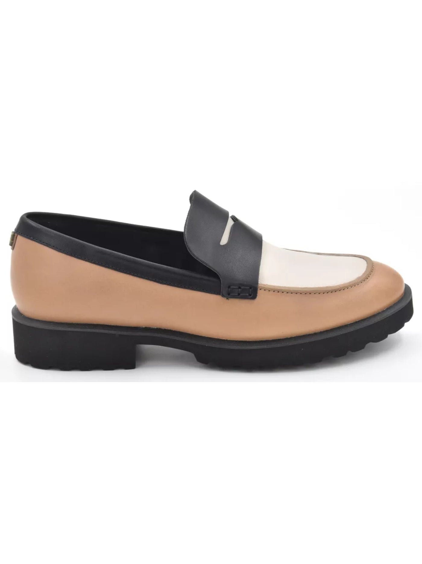 COLE HAAN GRANDSERIES Womens Beige Colorblocked Stripe Penny Keeper Vamp Arch Support Padded Geneva Round Toe Block Heel Slip On Leather Dress Loafers Shoes 9.5 B