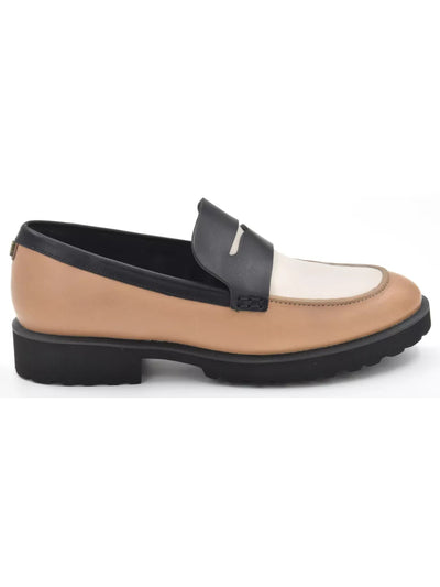 COLE HAAN GRANDSERIES Womens Beige Colorblocked Stripe Penny Keeper Vamp Arch Support Padded Geneva Round Toe Block Heel Slip On Leather Dress Loafers Shoes 9.5 B