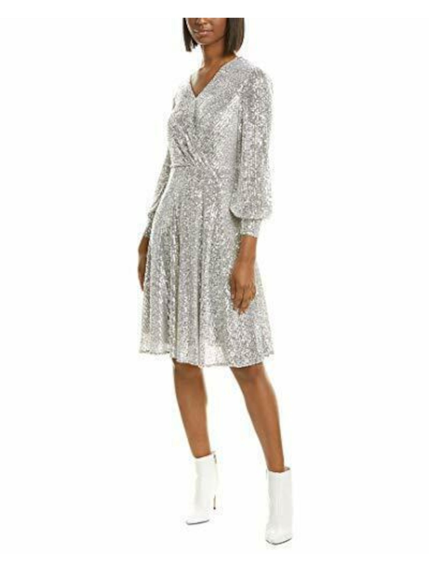 TAHARI Womens Silver Sequined Balloon 3/4 Sleeve Surplice Neckline Below The Knee Evening Fit + Flare Dress 4