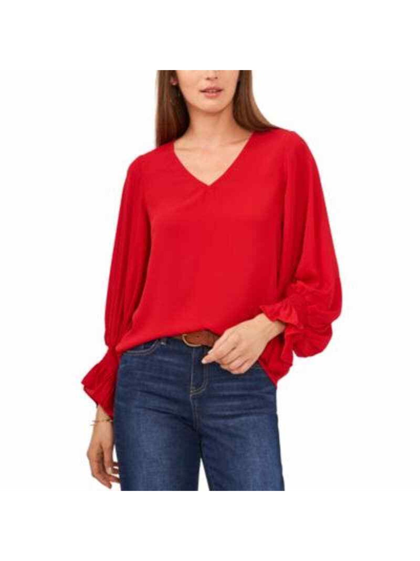 VINCE CAMUTO Womens Red Ruffled Smocked Cuffs Blouson Sleeve V Neck Blouse S