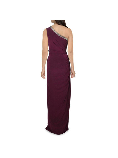 ADRIANNA PAPELL Womens Purple Stretch Embellished Zippered Ruched Side Slit Sleeveless Asymmetrical Neckline Full-Length Formal Sheath Dress 8