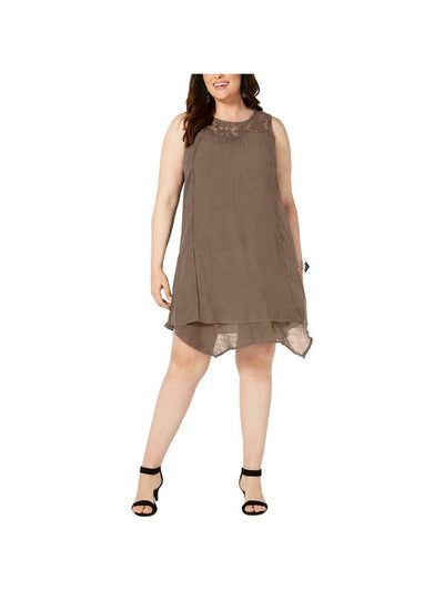 STYLE & COMPANY Womens Brown Lace  Pom Pom Sleeveless Jewel Neck Above The Knee Shift Handkerchief Dress M