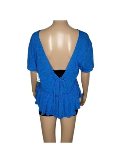 INC Womens Blue Ruffled V-back With Tie Short Sleeve Crew Neck Peplum Top L