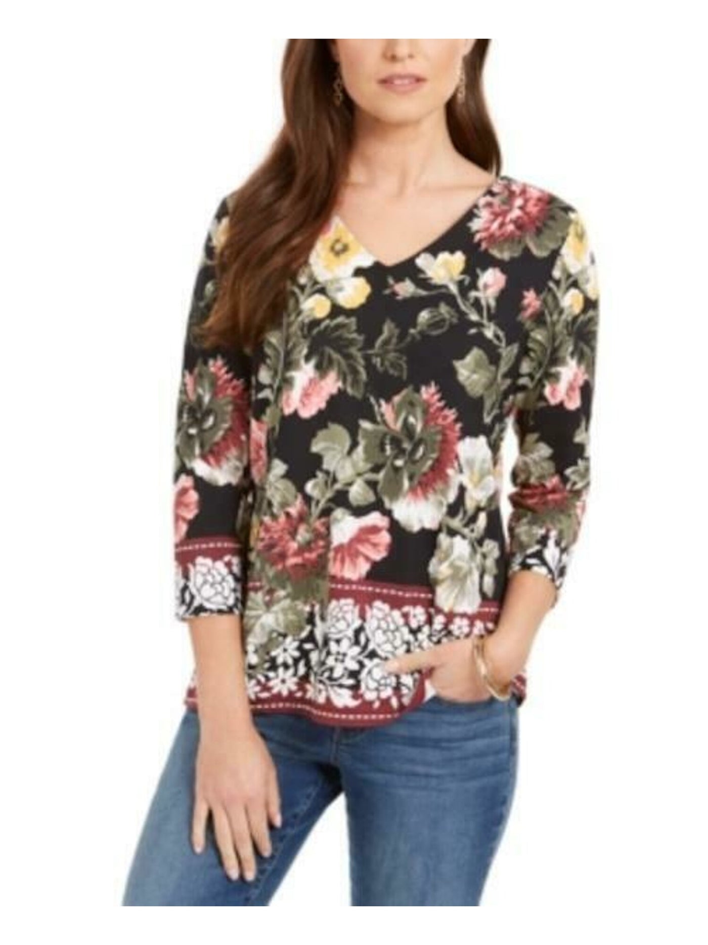 CHARTER CLUB Womens Black Floral 3/4 Sleeve V Neck Top Size: S