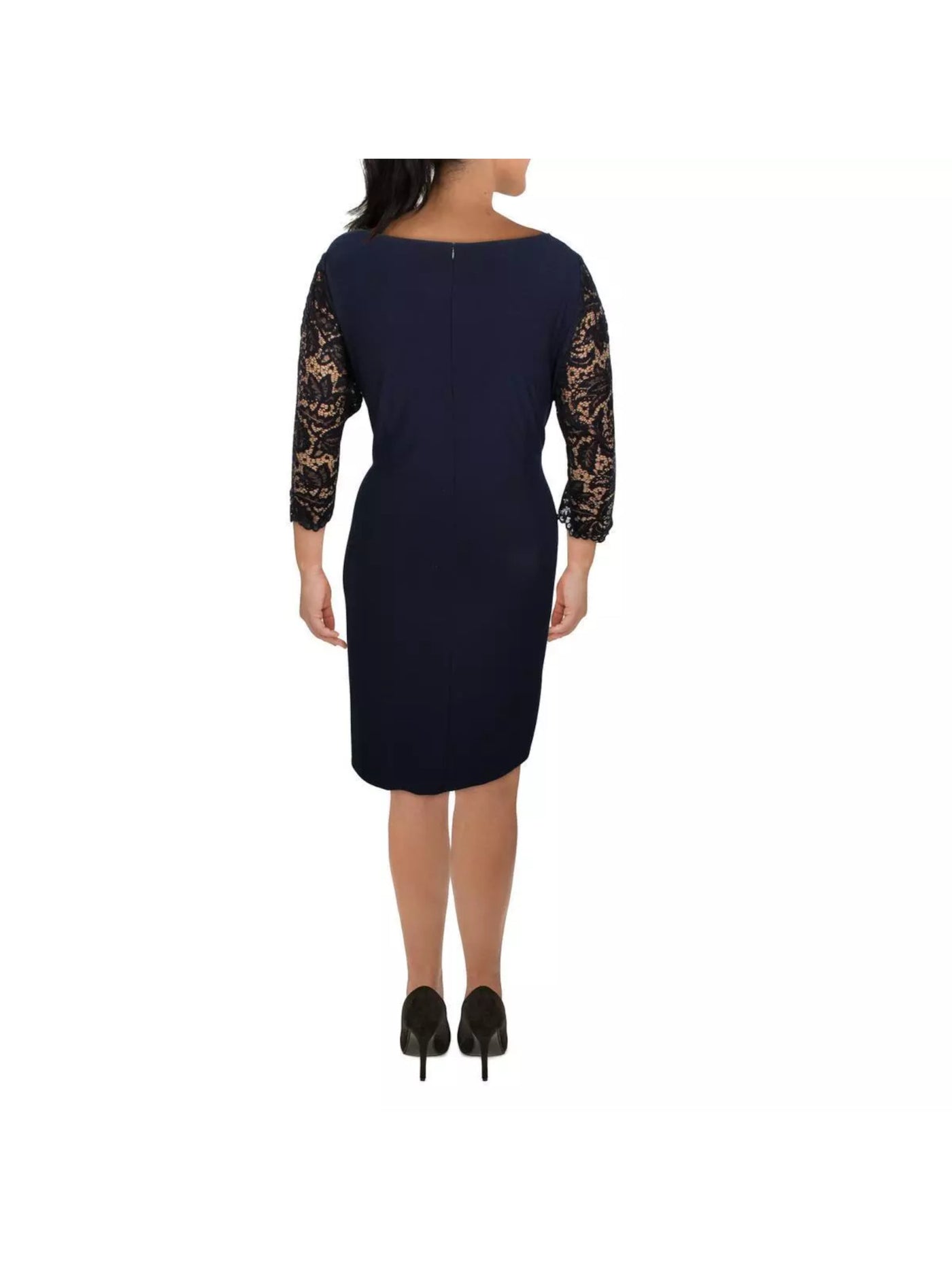 JESSICA HOWARD Womens Navy Twist Front Zippered Sequin Lace 3/4 Sleeves Lined Boat Neck Knee Length Wear To Work Sheath Dress Plus 24W