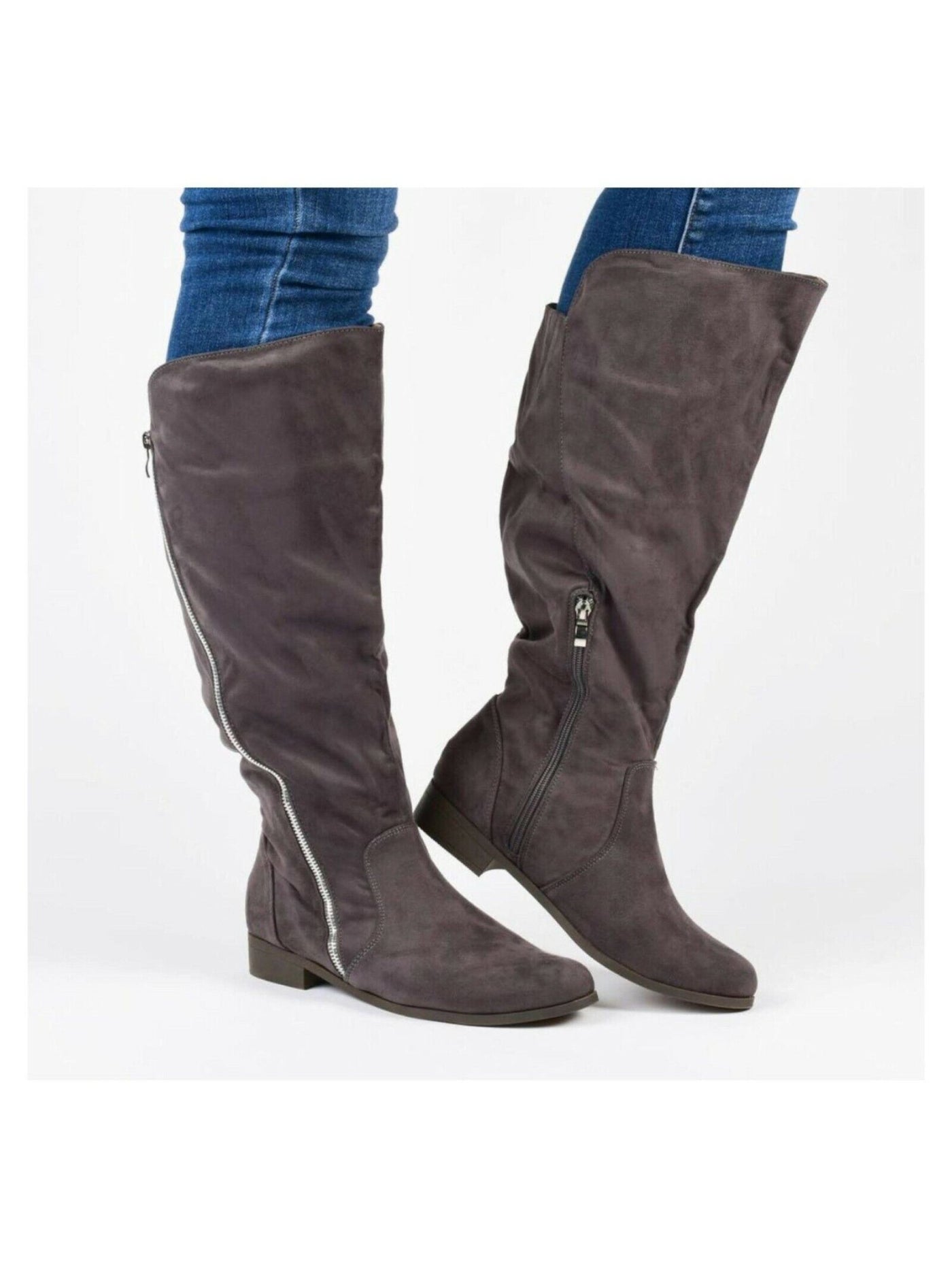 JOURNEE COLLECTION Womens Gray Diagonal Zipper Detail Asymmetrical Round Toe Block Heel Zip-Up Boots Shoes 8.5 M