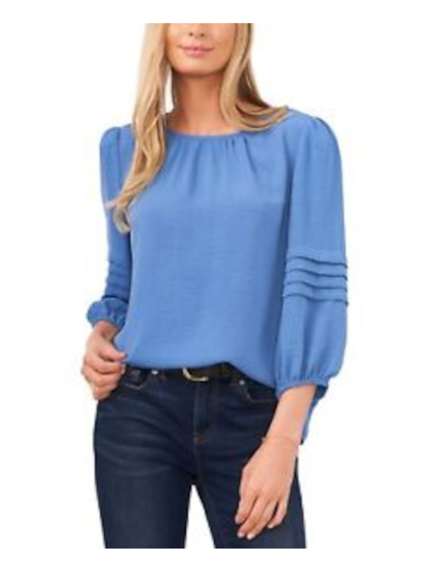 VINCE CAMUTO Womens Blue Pleated Ruched Keyhole Back Button Closure Long Sleeve Round Neck Blouse XS