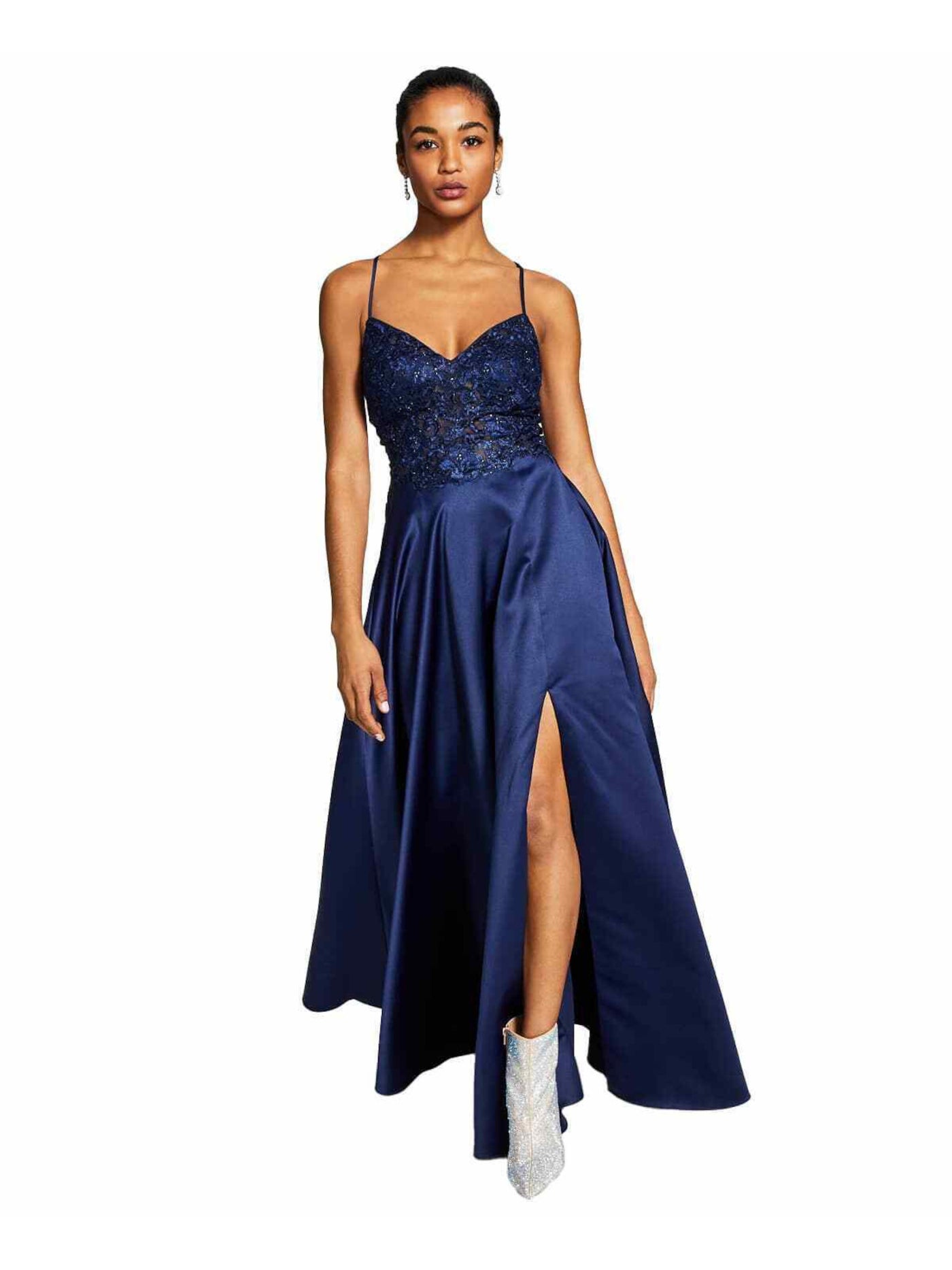BLONDIE Womens Navy Zippered Rhinestone Lace Up Back Padded Slit Floral Spaghetti Strap Sweetheart Neckline Full-Length Formal Gown Dress Juniors 1