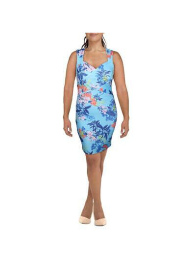 GUESS Womens Blue Floral Sleeveless Sweetheart Neckline Short Body Con Dress 4