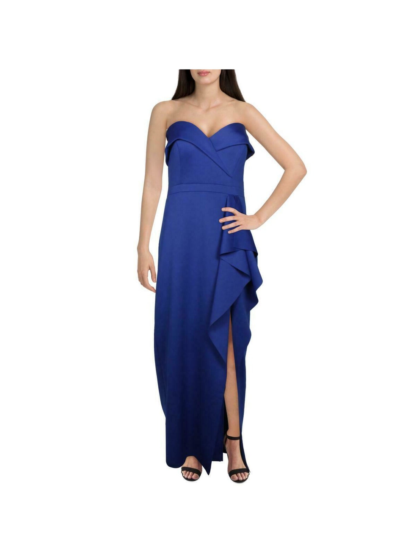 XSCAPE Womens Navy Ruffled Slitted Zippered Ruched Off Shoulder Full-Length Evening Sheath Dress 10