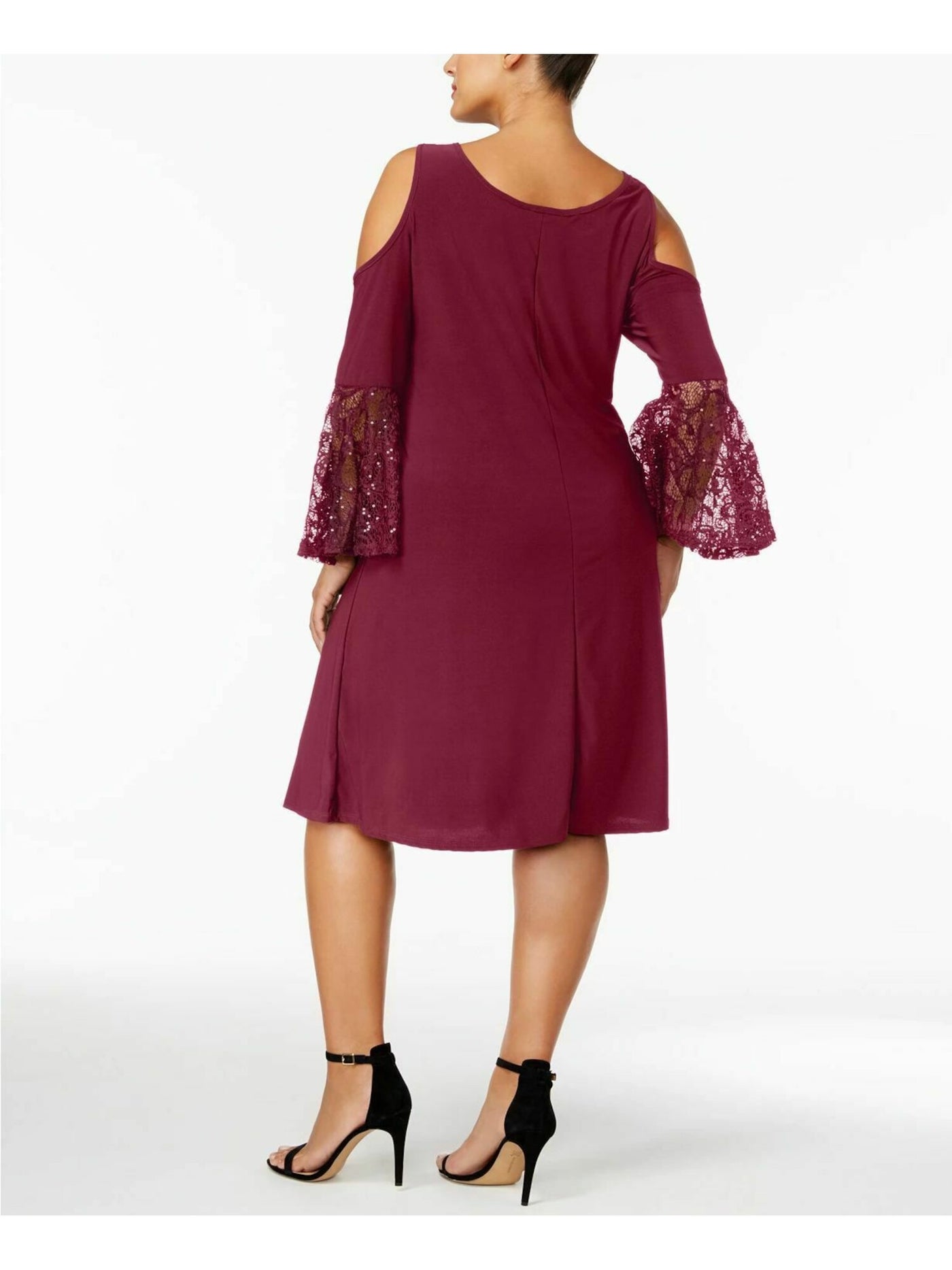 R&M RICHARDS Womens Burgundy Lace Cold Shoulder Bell Sleeve Scoop Neck Knee Length Fit + Flare Dress Plus 20W