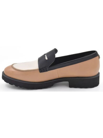 COLE HAAN GRANDSERIES Womens Beige Colorblocked Stripe Penny Keeper Vamp Arch Support Padded Geneva Round Toe Block Heel Slip On Leather Dress Loafers Shoes 9.5 B