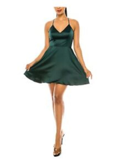 B DARLIN Womens Green Stretch Zippered Pocketed Lace Back Lined Sleeveless V Neck Short Party Fit + Flare Dress Juniors 13\14