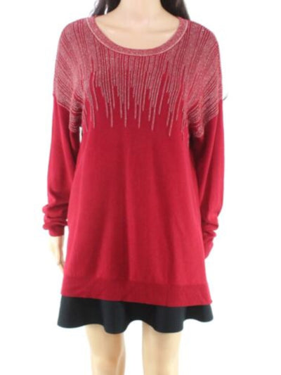 ALFANI Womens Red Glitter Long Sleeve Crew Neck Sweater S