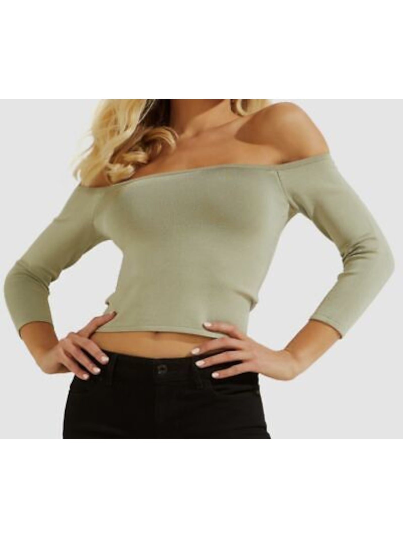 GUESS Womens Green Stretch Fitted 3/4 Sleeve Off Shoulder Crop Top S