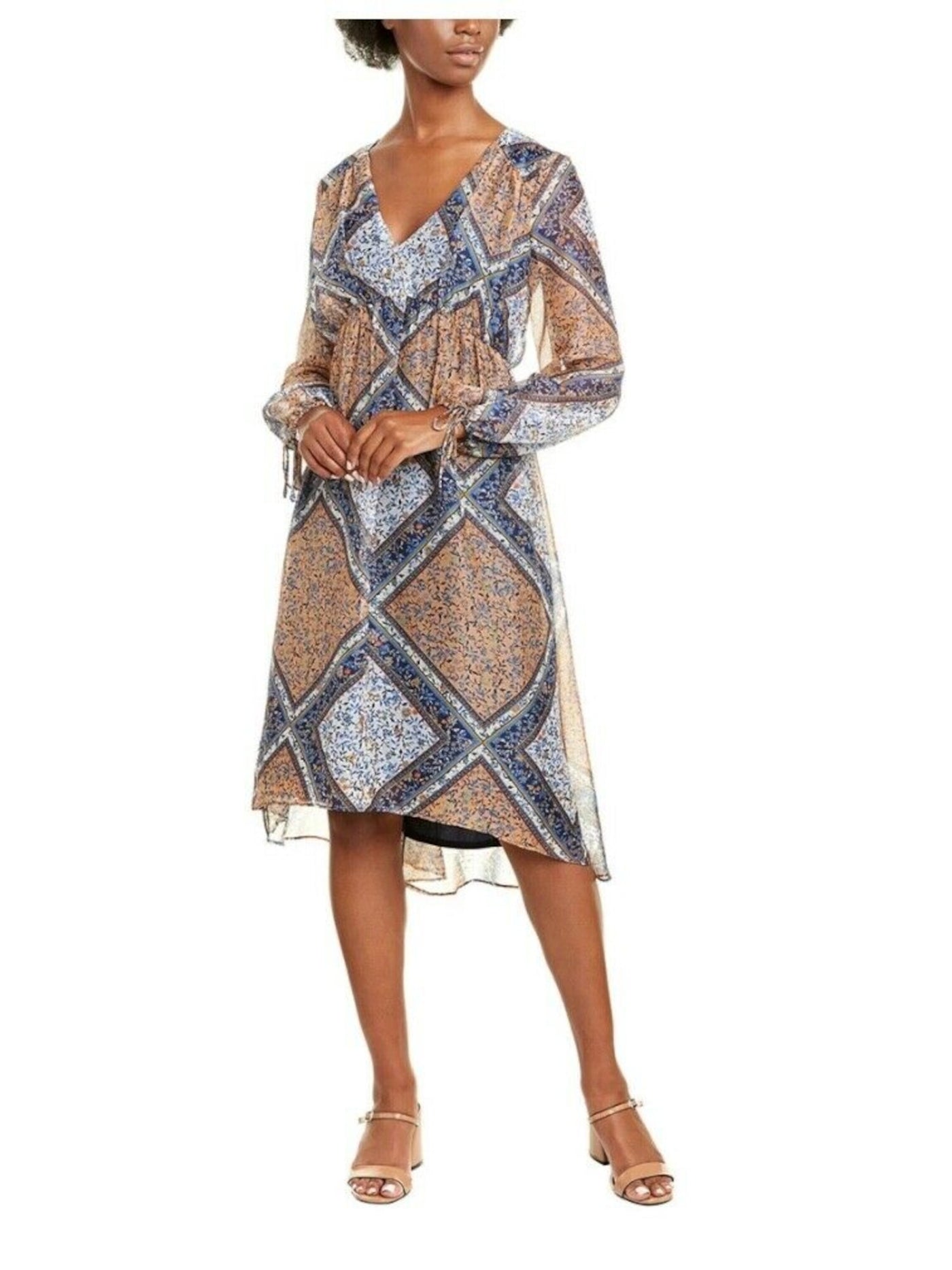 TAYLOR Womens Navy Zippered Chiffon Printed Cuffed Sleeve V Neck Midi Hi-Lo Dress 4