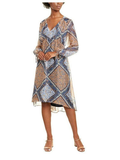 TAYLOR Womens Navy Zippered Chiffon Printed Cuffed Sleeve V Neck Midi Hi-Lo Dress 8