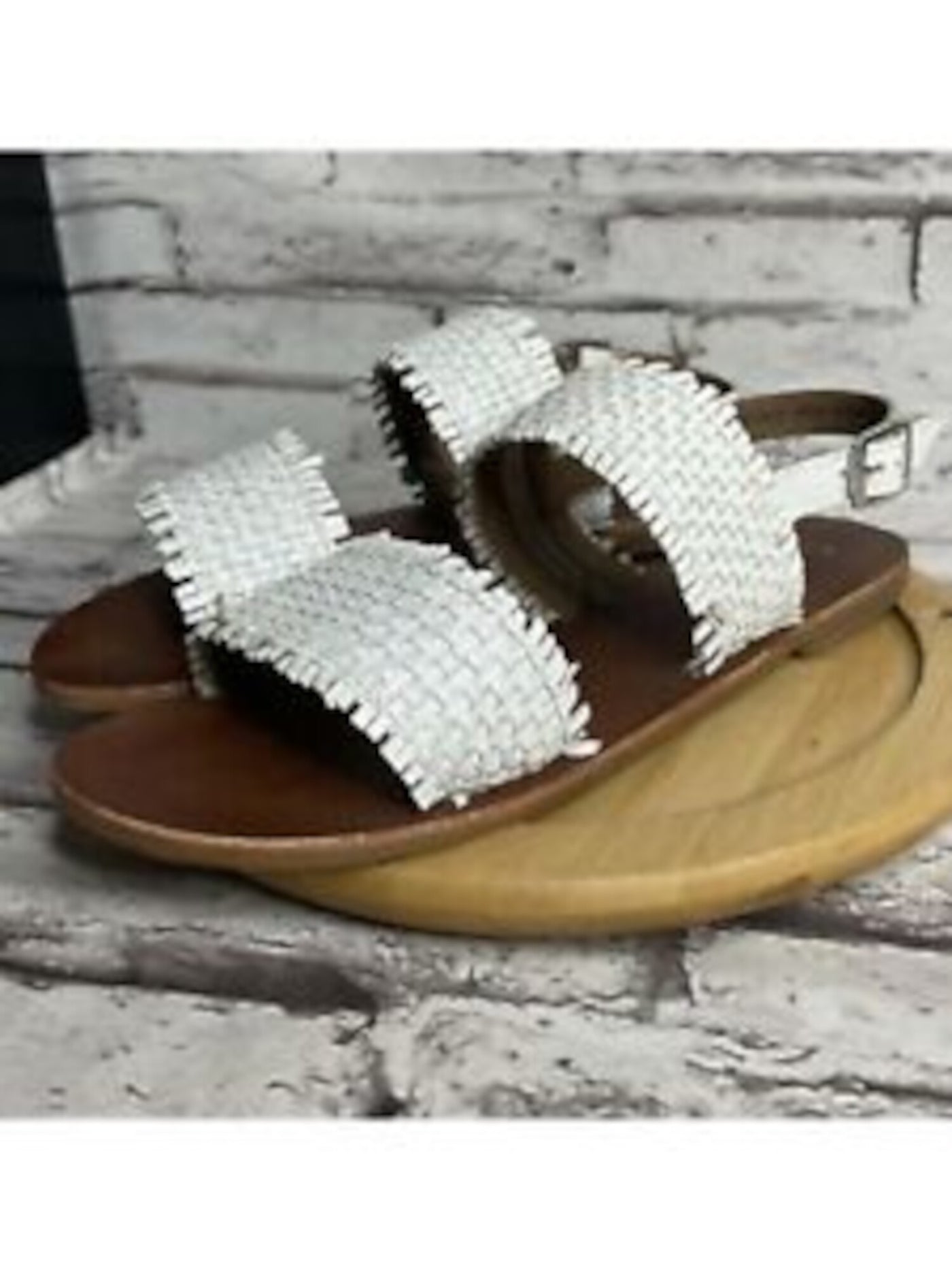 SPLENDID Womens White Woven Adjustable Strap Thomas Round Toe Block Heel Buckle Leather Sandals Shoes 7.5 M